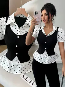 Women's Polka Dot Patchwork Ribbed Shirt Blouse Neck Short Sleeve Top, Elegant and Refined, Perfect for Various Occasions