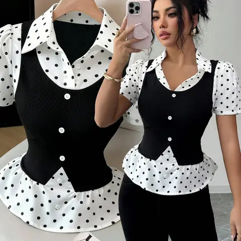 Women's Polka Dot Patchwork Ribbed Fitted Short Sleeve Top, Fashion Fitted Blouse, Elegant and Refined, Perfect for Various Occasions