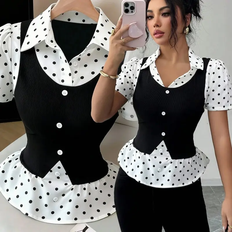 Women's Polka Dot Patchwork Ribbed Fitted Short Sleeve Top, Fashion Fitted Blouse, Elegant and Refined, Perfect for Various Occasions