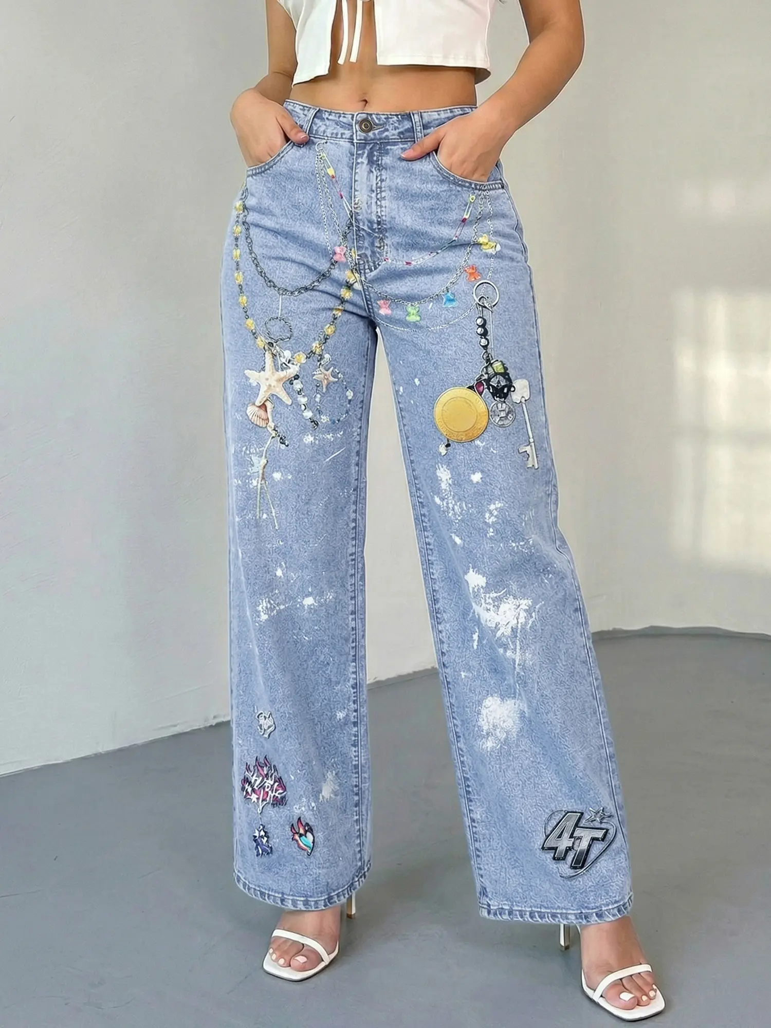Jr Jeanius Wear Women's High Waist High Stretch Baggy Wide Leg Light Blue Wash Seam Detail Straight Denim Jeans,Starfish Chain Patch   Catch  Print Pants, Streetwear Casual Outfits,Push Up Cotton Stacked Fly Slim Jorts  Y2k Sweats Elastic Ross Starched