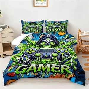 2/3Pcs Game Theme Digital Print Comforter Set, Neon Green Skull Controller Gaming Pattern Bedding Set, Soft Microfiber Qulit, Perfect Gift for Gamers, Video Game Lovers, Game Lovers Cool Aesthetic Bed Set for Gaming Setup. 1 or 2 Pillowcase No Pillow Core
