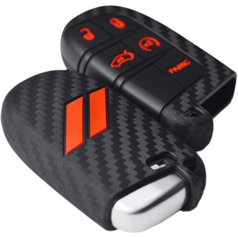 // Slash Carbon Silicone Key Fob Cover for Dodge Charger Challenger SRT Hornet R/T Dart Durango Journey Replacement Remote Keyless 5 Buttons Key Fob Case Accessories