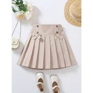 [Beige|Chic] Polyester Beige Chic Girls' Pleated Skirt | Decorative Bow & Button Details, Non-Stretch, Machine Washable | Ideal for Spring/Summer Parties & Casual Wear kids cloths Solid Color Skort Tiered Layer Skort