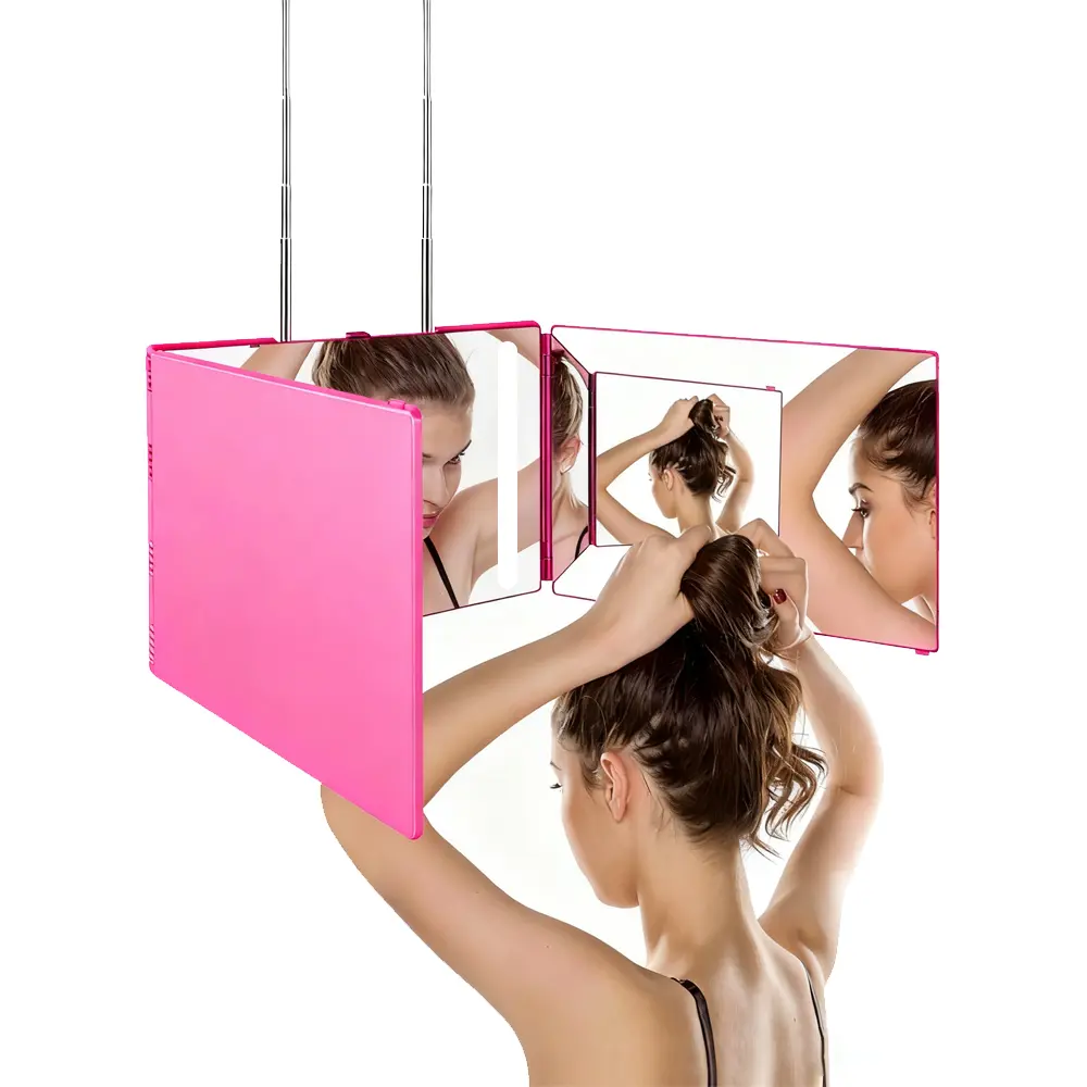 3-Way LED Glass Mirror with Rechargeable Function, Aluminium-Stainless Steel Portable Height-Adjustable Telescoping Hooks, Tri-Fold Design for Self Hair Cutting & Barber Use to See Back of Head