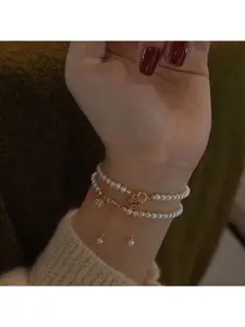 Lucky Pearl Bracelet, fashionable Korean style jewelry for women, unique design, champagne-colored pearl adjustable bracelet, Elegant Jewelry Bracelet