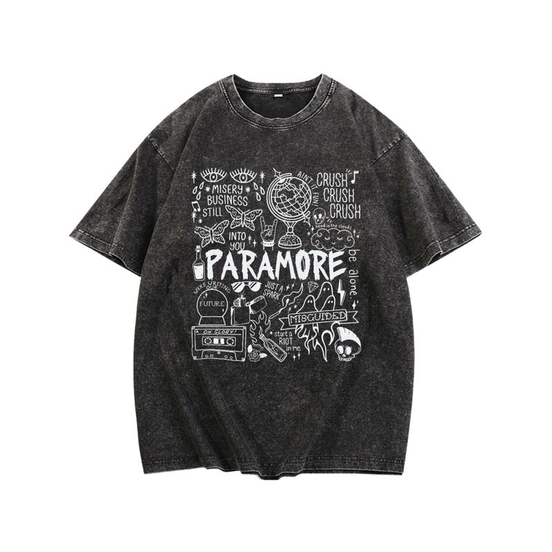 [Vintage Wash] High Quality T-shirt PARAMORE High Quality Cotton Black T-shirt |   Men's Off-shoulder Round Neck Short Sleeves 230g Washed Pattern