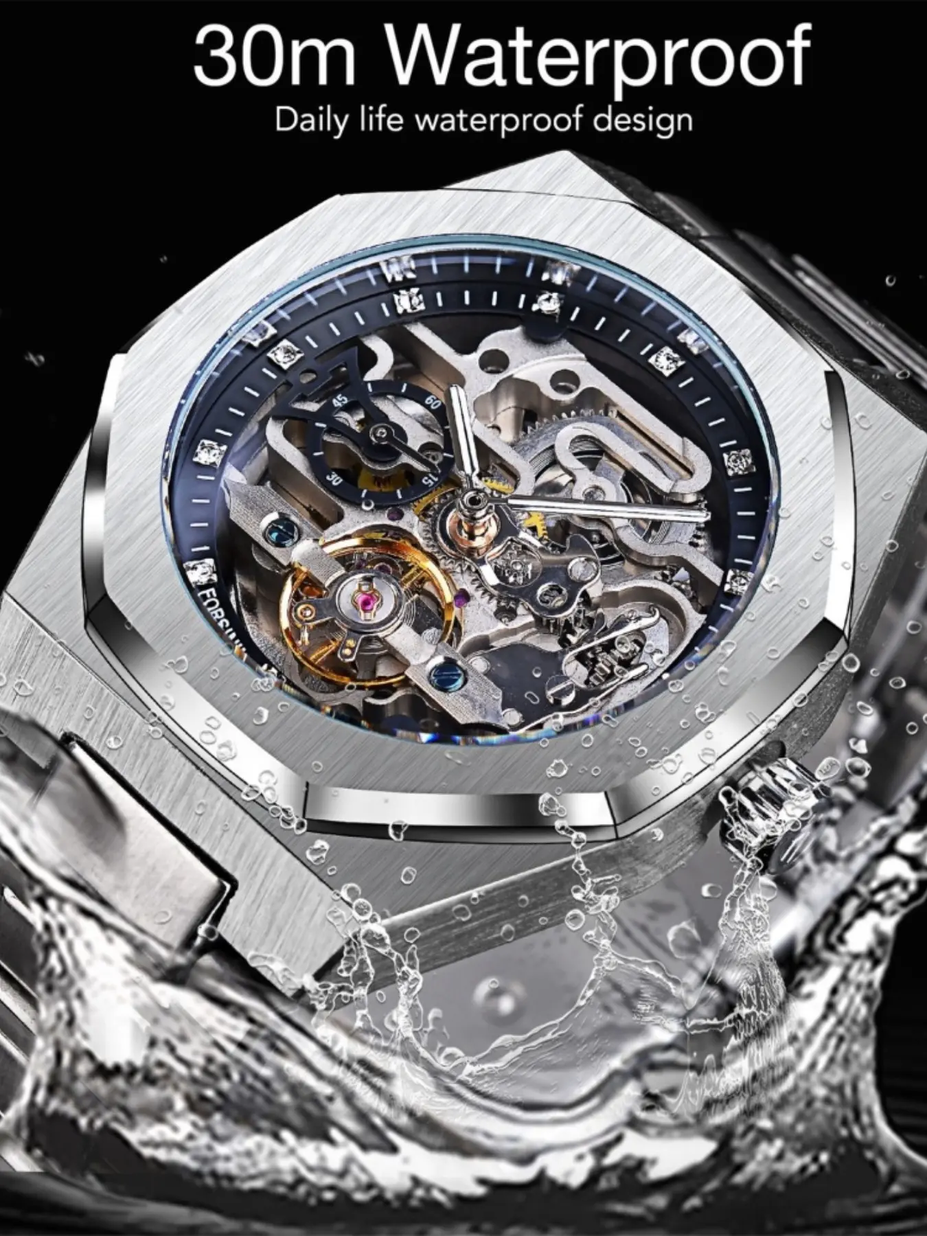 Luxury Men's Watch, Automatic Mechanical, Hexagonal Design, Stainless Steel Band, Perfect Gift, Transparent Dial, No Battery Needed