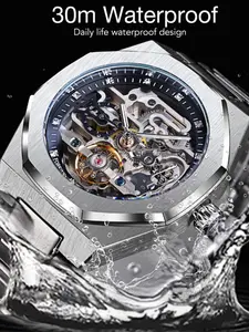 Luxury Men's Watch, Automatic Mechanical, Hexagonal Design, Stainless Steel Band, Perfect Gift, Transparent Dial, No Battery Needed