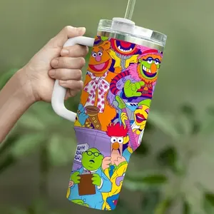 [MADE IN US] PIKPAKA Muppet Colorful Character Pattern Vacuum Flasks 40oz Stainless Steel Funny Dad Tumbler with Handle & Straw, Vacuum Insulated Travel Mug Keeps Drinks Cold Up to 12 Hours, Leak-Resistant Cup for Iced Coffee, Water, Office, Gym or Travel