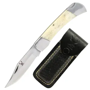 TheBoneEdge 9" Folding Knife Stainless Steel Blade Silver Bolster With Leather Sheath