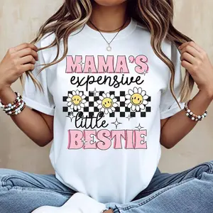 Mamas Expensive Little Bestie T-Shirt, cotton casual crew neck short sleeve regular sleeve summer women’s tee, machine washable, not dry clean, made in USA