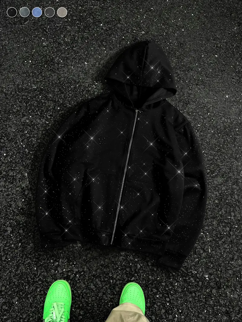 Men's Gypsy star design shiny zipper hooded sweater, soft and skin-friendly fabric, pocket design, street trendy cool style, daily going out on the street, casual commuting adaptation, personalized trend couples versatile wear