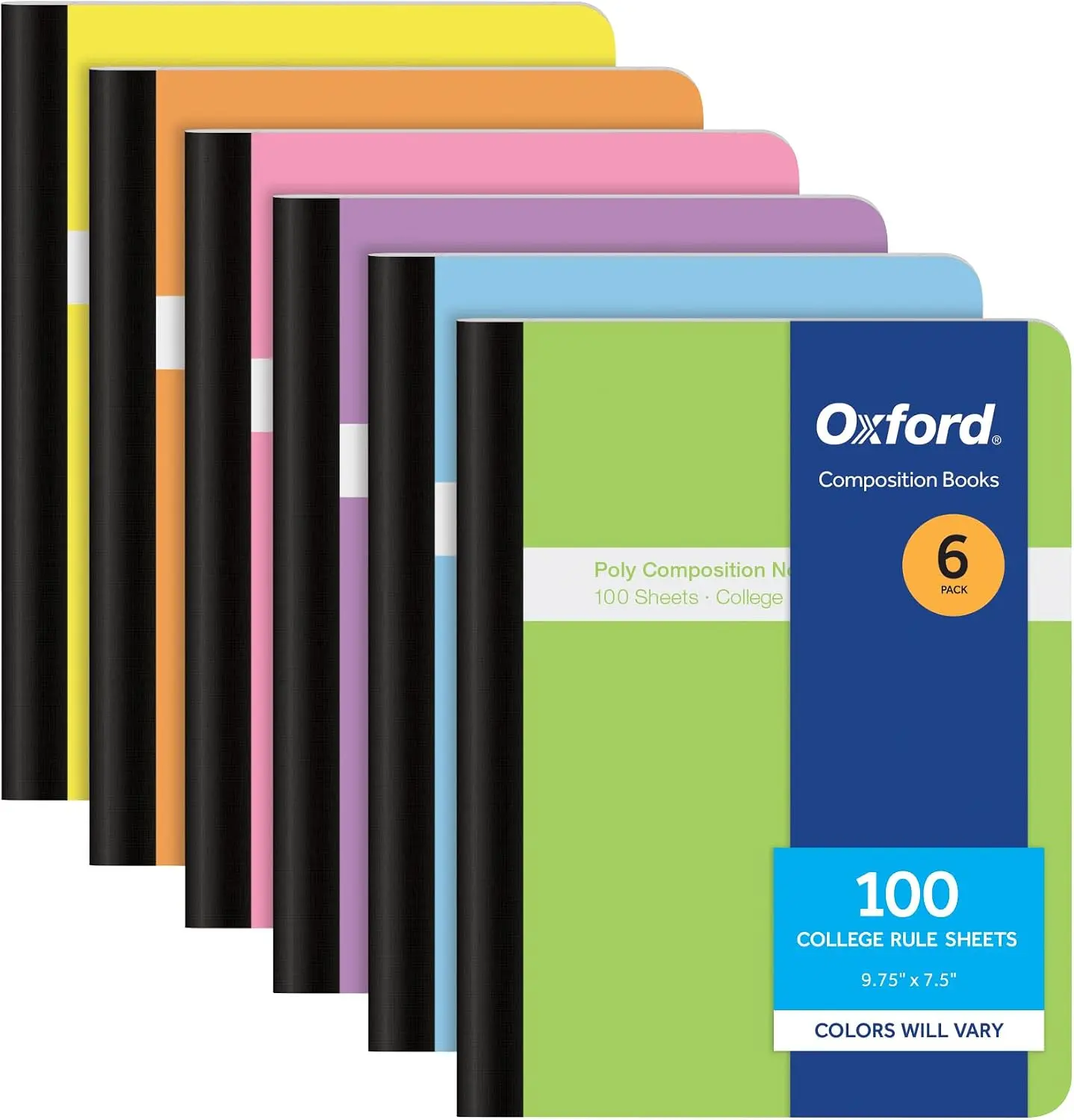 Oxford Poly Composition Notebooks, 6 Pack, Cover Colors Vary, College Ruled Paper, 9-3/4 X 7-1/2 Inch School Journals, Assorted Pastel Covers, 100 Sheets per Book (64957)