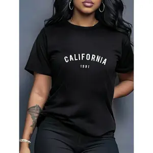 100% cotton women's California 1991 pattern T-shirt - Breathable short-sleeve round-neck casual summer top, machine washable, suitable for daily wear, casual summer top|     Loose fit T-shirt|     Medium elasticity fabric