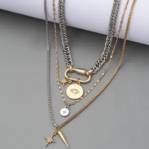 Gold Layered Necklaces For Women, 3PS Chunky Two Tone Necklace Silver Coin Pendant Paperclip Stacked Chain Trendy Statement Jewelry Gift