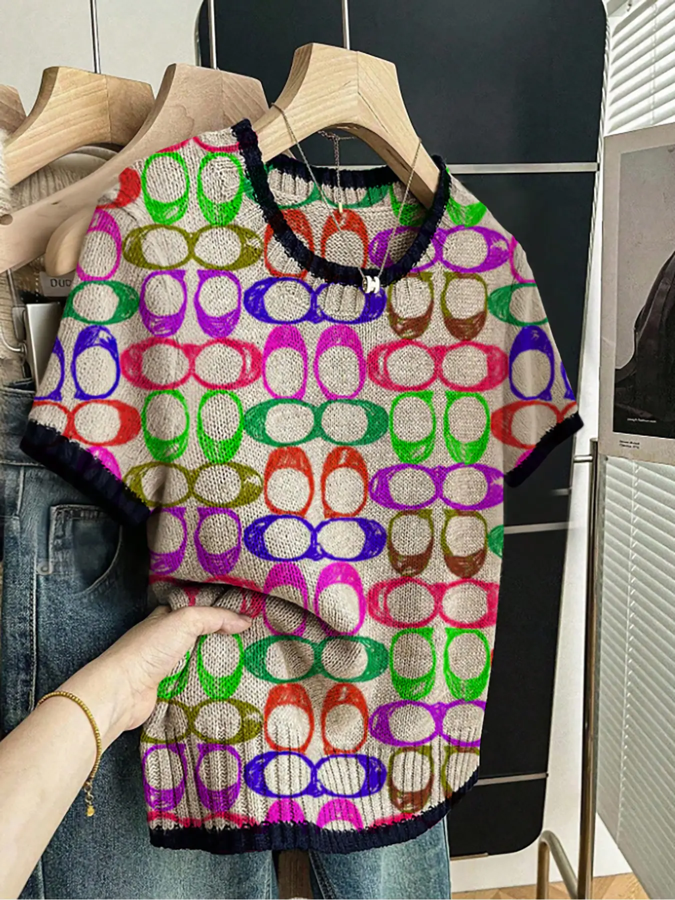 Geometric Print Fashion Round Neck Sweater Fitted, Casual Short Sleeve Knitwear for Spring Summer Fall, Comfortable Warm Women's Clothing