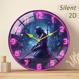 Modern Minimalist Wall Clock, Neon Samurai Sword Outline, Futuristic City Background, Battery Driven, Available in 20-35 Cm, Home Decor Gift