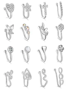 16Pcs African Faux Nose Cuff Non Piercing Inlaid Cubic Zirconia Clip on Nose Ring Star flower Leaf Heart Shape Nose Ring Fake Nose Cuff for Women Silver Gold Rose Gold Ton