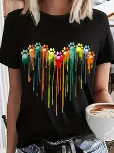 Women's Soft T-Shirt with Artistic Paw Print Heart Design – Breathable, Plus Size, Round Neck, Short Sleeve, Vibrant Colors, Casual Style, Perfect for Casual Attire, Casual Wear | Vibrant Color Shirt | Glossy Texture