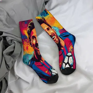 Mid-calf socks, Messi football art designs, celebrity merchandise, durable socks, unisex socks, a fan favorite, holiday gifts, birthday presents.