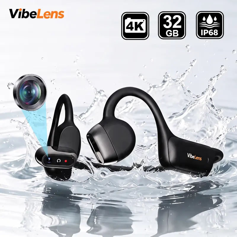 VibeLens Bone Conduction Headphones with 4K POV Camera, Hands-Free Camera Headphones with 6-Axis Image Stabilization, 32GB Built-in Memory, Open-Ear Bluetooth Sports Headset, Offline Music Playback, IP68 Waterproof for Swimming, Cycling and Travel