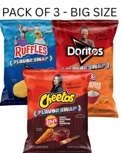 Pack of 3- Big Size - Ruffles Potato Chips, Doritos Cool Ranch Flavor Snack Chips, 8 oz Bag, Doritos Tortilla Chips, Ruffles Cheddar & Sour Cream Flavor 9.25 oz Bag, Cheetos Cheese Flavored Snacks, Lay’s Flavor Swap Sweet Southern Heat BBQ, 8.5 oz, Snack