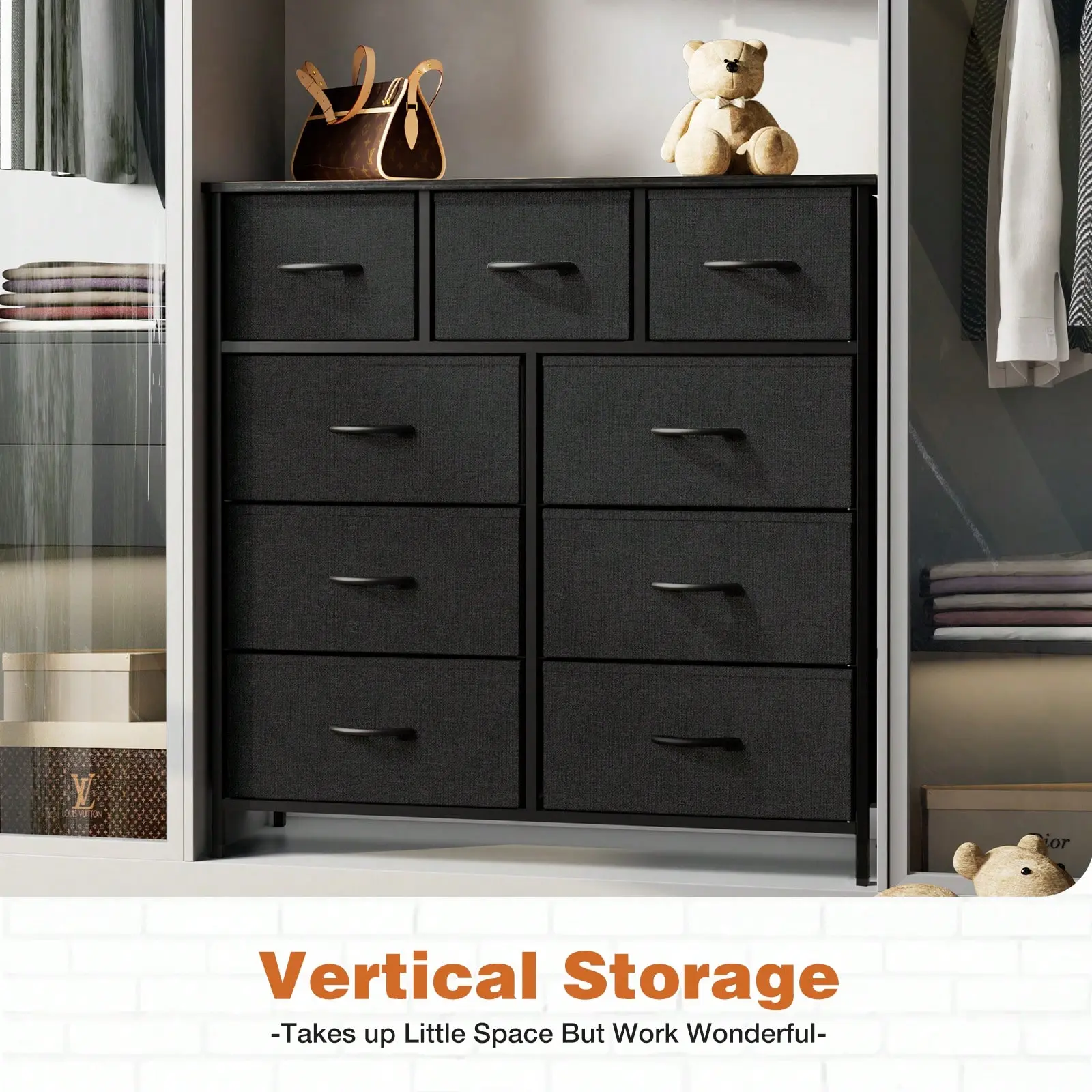 Dresser for Bedroom, Drawer Dresser Organizer Storage with 9 Drawers Tall Dresser, Chest of Drawers with Fabric Bin, Steel Frame, Wood Top for Bedroom, Entryway, Size 11.81" D x 39.37" W x 39.96" H
