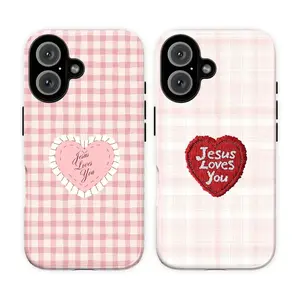Christian Coquette Aesthetic Phone Case for IP 17 16 15 14 13 12 11 Pro Max XR Xs, Jesus Loves You Pink Gingham Aesthetic Phone Case