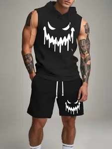 Men's Dark Ghost Graffiti Graphic Black Sleeveless Hoodie Set, Edgy Theme Streetwear, Trendy Urban Outfit with Bold Print, Comfortable Soft Fabric, Versatile for Workouts, Errands & Casual Hangouts, Ideal for Modern Fashion-Forward Wardrobes