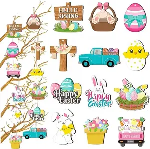 Easter Ornaments for Tree Wooden, 24 PCS Easter Tree Decorations and Ornaments Include Bunny Egg Truck Flower Cross Ornaments for Home Small Tree