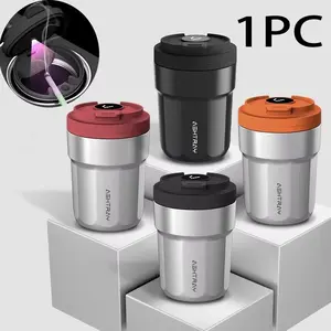 A Portable Car Ashtray With Lid And LED Light. Anti Odor Stainless Steel Colored Compatible With Outdoor Travel