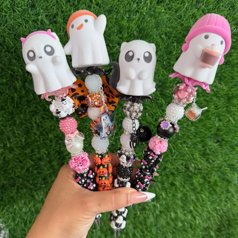 Cute Spooky Ghost Beaded Pen | Handmade Halloween Rhinestone Ink Pen | Pink & Black Aesthetic