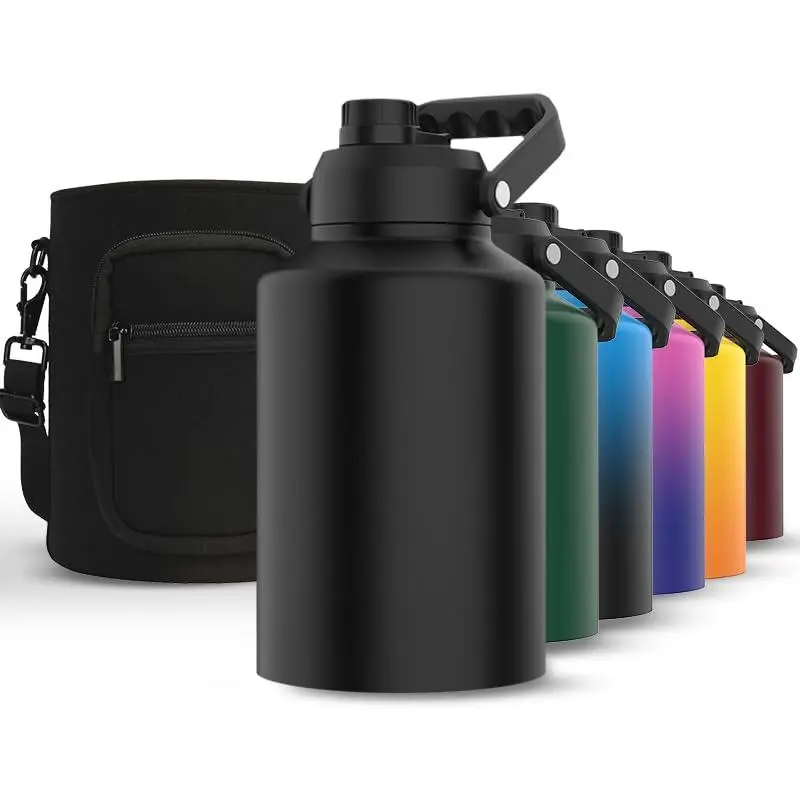 Bpa Free & Leak Proof Insulated Large Stainless Steel Water Bottle With Handle (cold For 48 Hrs)  Big Thermo Jug Gym Hiking Camping Travel Black 128oz ( 1 Gallon)