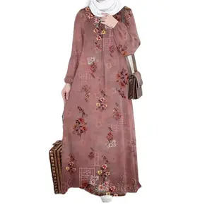 Women's Beige Embroidered Maxi Dress Long Sleeve Modest Muslim Casual Summer Vacation Outfit