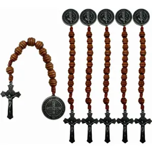 6-Pack 9 Inch Saint Benedict Medallion Cross, Catholic Prayer Pocket Rosary with Brown Wooden Beads