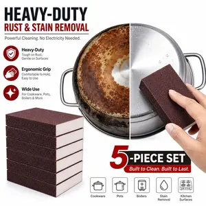 5pcs Heavy-Duty Emery Magic Sponge Eraser Set - Non-Electric Descaling & Rust Removal Scrubbers, Dishwashing & Cookware Stain Remover, Plastic Material, Kitchen Pot Cleaning Pads, Stain Removal Pads | Ergonomic Grip Sponge | Plastic Scrubber