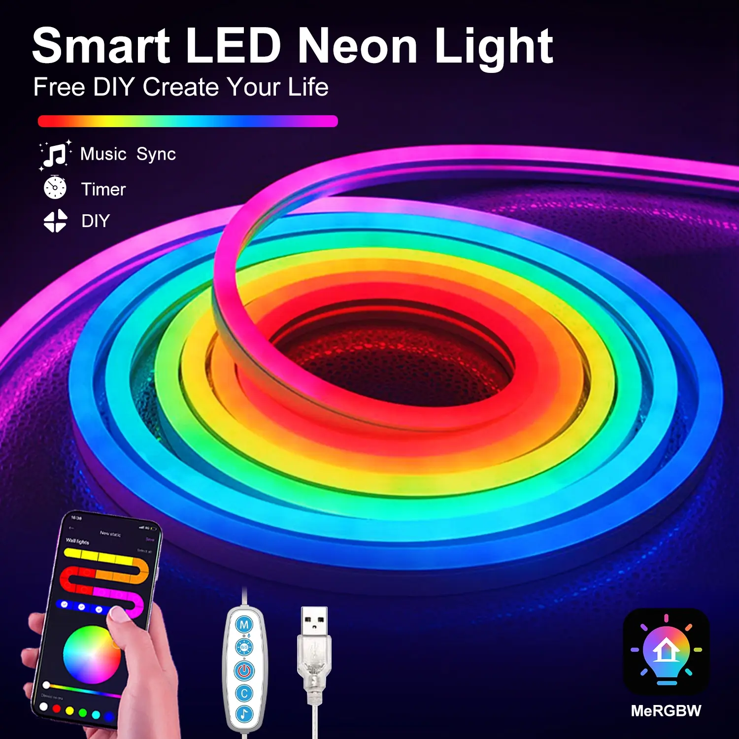 RGB Multi Color USB LED Neon Rope Light (1/2/3M USB Cable), Smart APP-Controlled, Music Synchronization, DIY Creative Soft Strip, Bedroom Home Decoration, Festive Gift Choice, Led Mood Lighting, Smart Led Lights