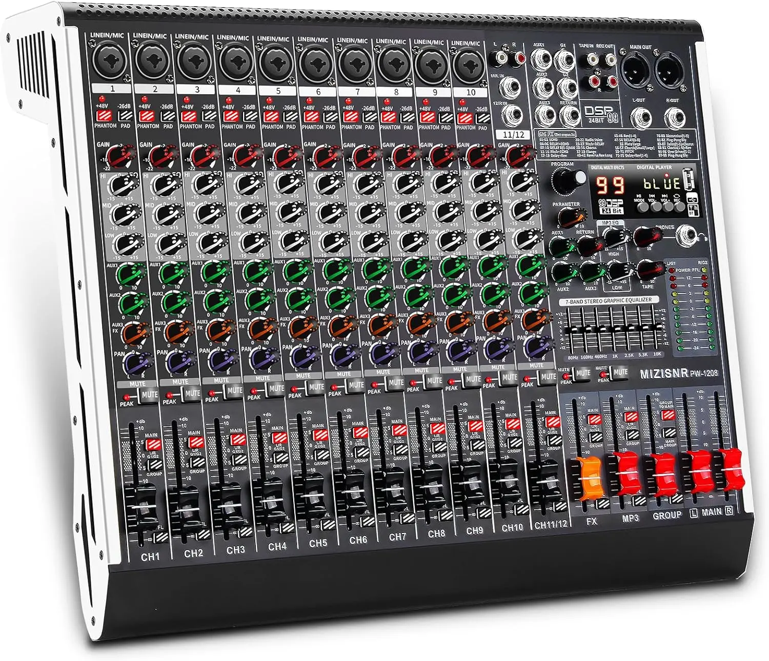 Professional 12-Channel Audio Mixer Sound Board - 99 DSP Effects, 7-Band EQ Digital Console, USB, Bluetooth, MP3, 48V Power, Mute Buttons, XLR Inputs, Smartphone Connection, DJ Equipment, Recording, Karaoke System, Studio Mixer