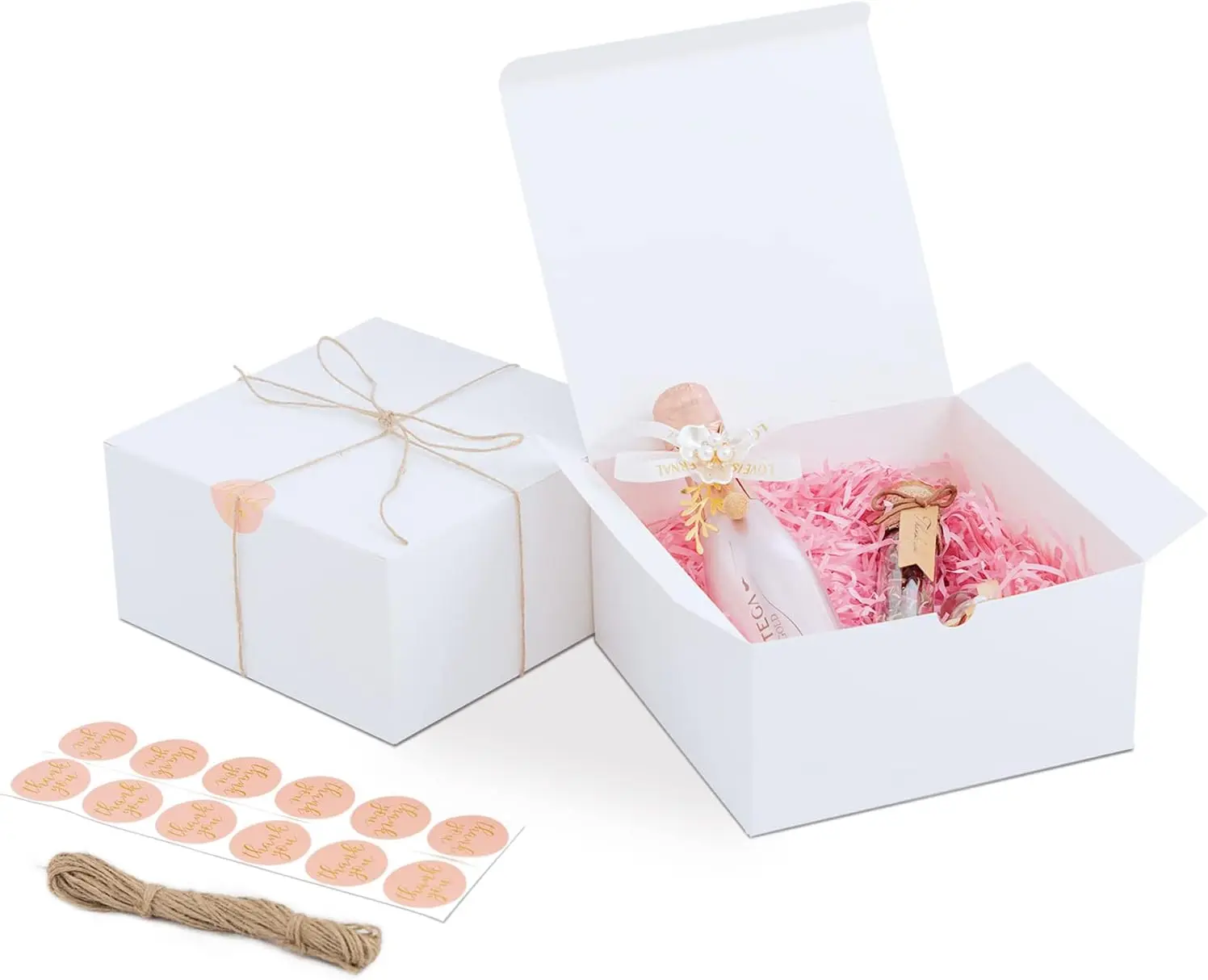 White  Boxes for Presents with Lids, 12 Pack 8x8x4 Inch, 80ft Twine, Stickers & Tape - Easy Assemble for Bridesmaid Proposal, Wedding, Party Favors