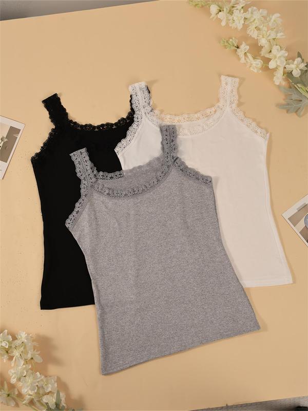 Women's Solid Color Pajama Top, Casual Comfortable Lace Trim Sleeveless Pajama Top Camisole Tops for Daily Wear, Ladies Sleepwear for All Seasons Women's Solid Color Pajama Top, Casual Comfortable Lace Trim Sleeveless Pajama Top Camisole Tops for Daily Wear, Ladies Sleepwear for All Seasons