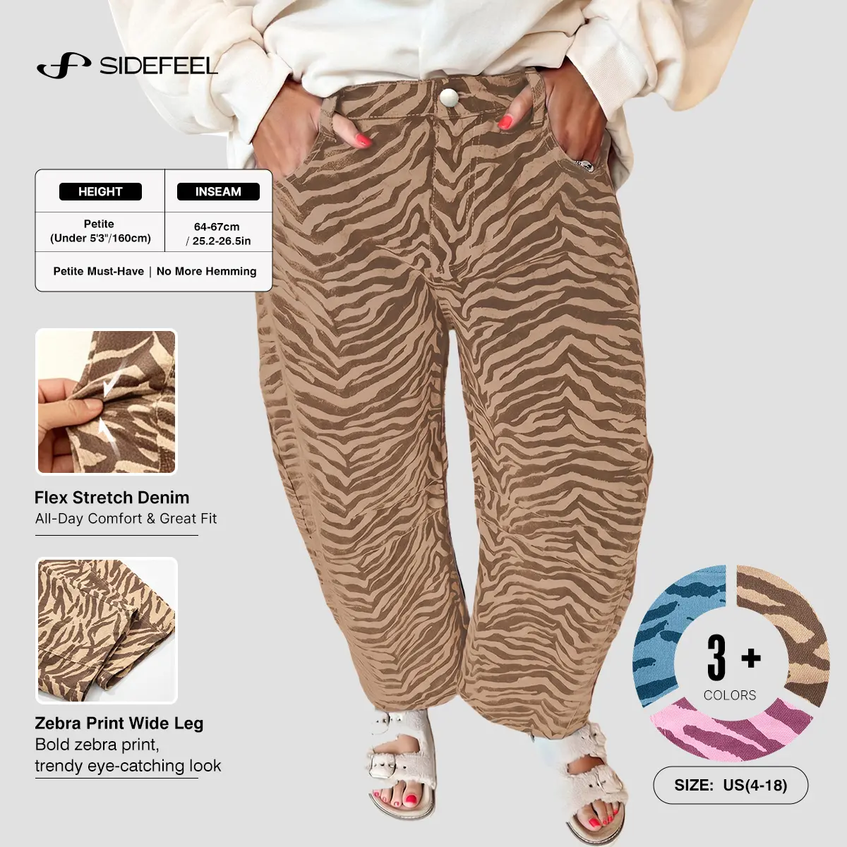 Sidefeel Women's High Waisted Stretchy Barrel Zebra Print Wide Leg Jeans - Petite Cropped Ankle Length, Button-Accented, Casual Loose Denim Pants with Pockets, Retro Y2K Streetwear for Fall Outfit