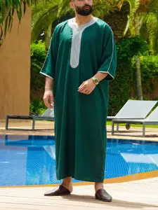 Muslim Men's Thobe Moroccan Style Ethnic Embroidered Islamic Clothing, Modesty, All Seasons Wear, Festival Party Ramadan Gift, Loose-Fitting