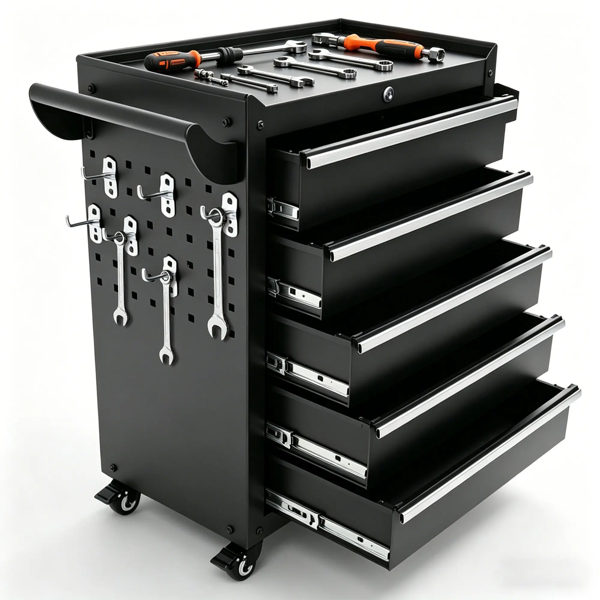 Cold-Rolled Steel 5-Drawer Rolling Tool Chest with Lock & Key, Braked Casters, Side Pegboard, Anti-Slip Pads, Powder Coating System Black Finish - 22.84"d x 12.6"w x 28.74"h, 47.32lb Garage Workshop Storage Cart (Assembly Required for Garages), Slide, Whe