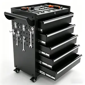 5-Drawer Rolling Tool Cabinet on Wheels Secure Key Lock Smooth Mobility Casters with Brakes Side Pegboard Organization for Garage and Workshop Durable Powder-Coated Black Finish Must-Have Toolbox Cart for Organization and Efficiency(Assembly Required) 