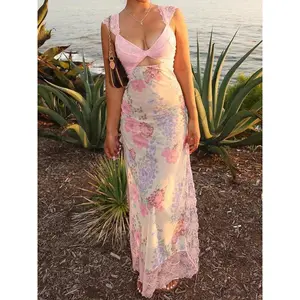 Summer 2025 new lace backless shoulder strap spliced slit patterned long dress for women