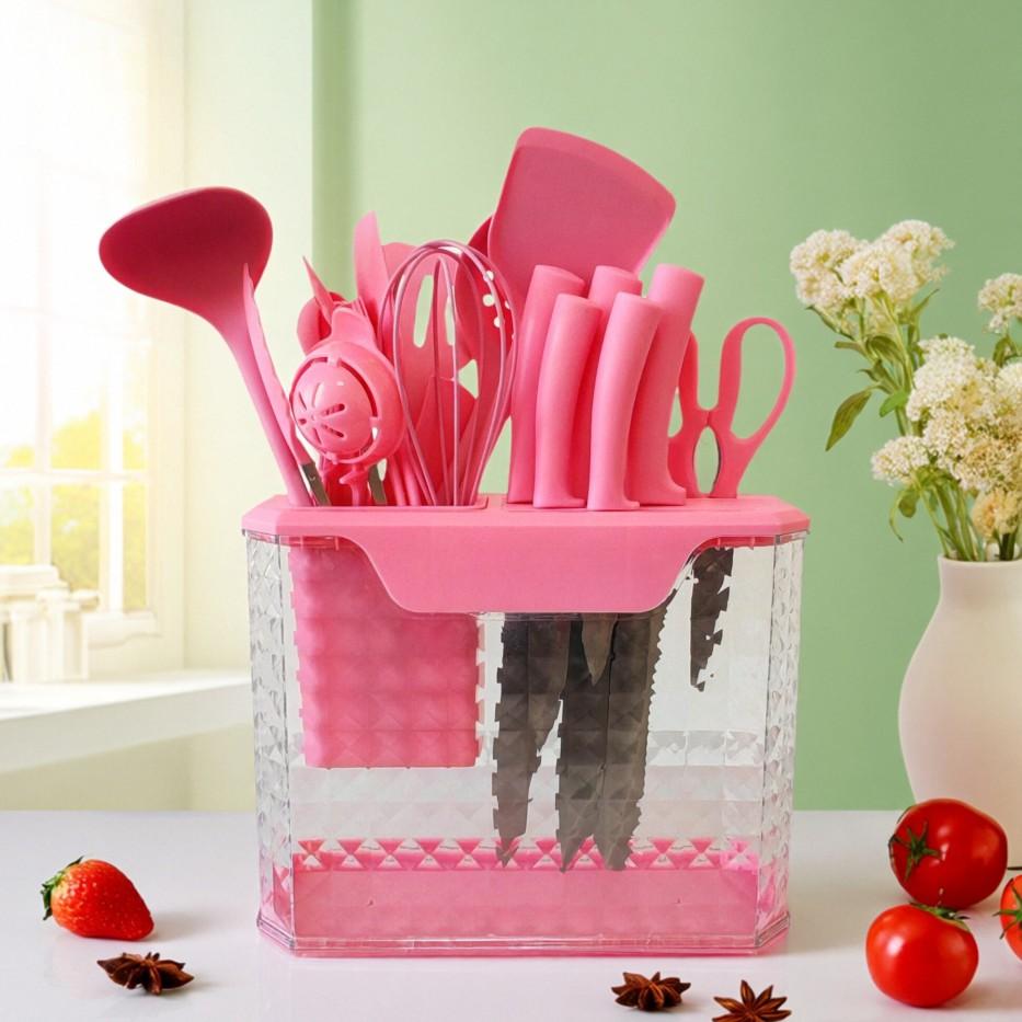 15-Piece Kitchen Knife Set: Solid Wood & Plastic Knife Block, Including Chef's Knife, Japanese-Style Knife, Meat/Vegetable Knife, Chicken Bone Knife, German-Style Steak Knife. Multi-Color Stainless Steel, Ideal for Home Storage & Gifting. Silicone Cutting