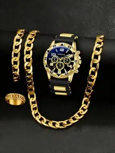 4-piece Fashion Men's Quartz Fashion Watch Set with Necklace, Bracelet Ring, Simulated Dial Design, Perfect Birthday Gift, Party Accessories, Box Not Included