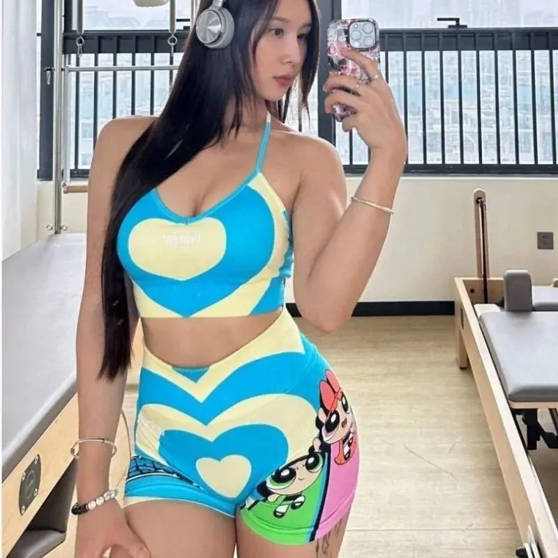 New The Powerpuff Girls Blossom-Bubbles Anime Peripheral, Female Sleeveless No-Sleeve Summer Fitness Yoga Set, Cartoon Love Print High-Looking Girls' Birthday Toy Gift
