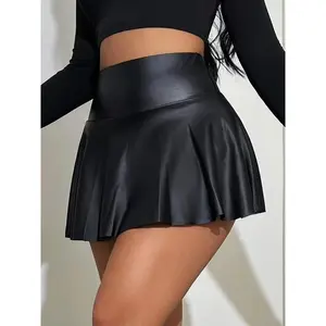 [Stylish Leather Skort] Stylish High-Waisted PU Leather Skort - Women's A-Line Mini Skirt with Glossy Finish, Machine Washable, Perfect for Casual or Chic Outfits