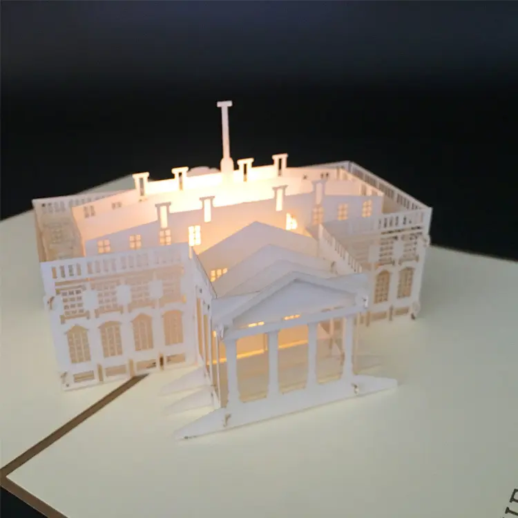 Illuminated White House 3D Paper Cutout Greeting Card — Business Card/Promotional Piece, Custom Handmade Creative Architecture Design